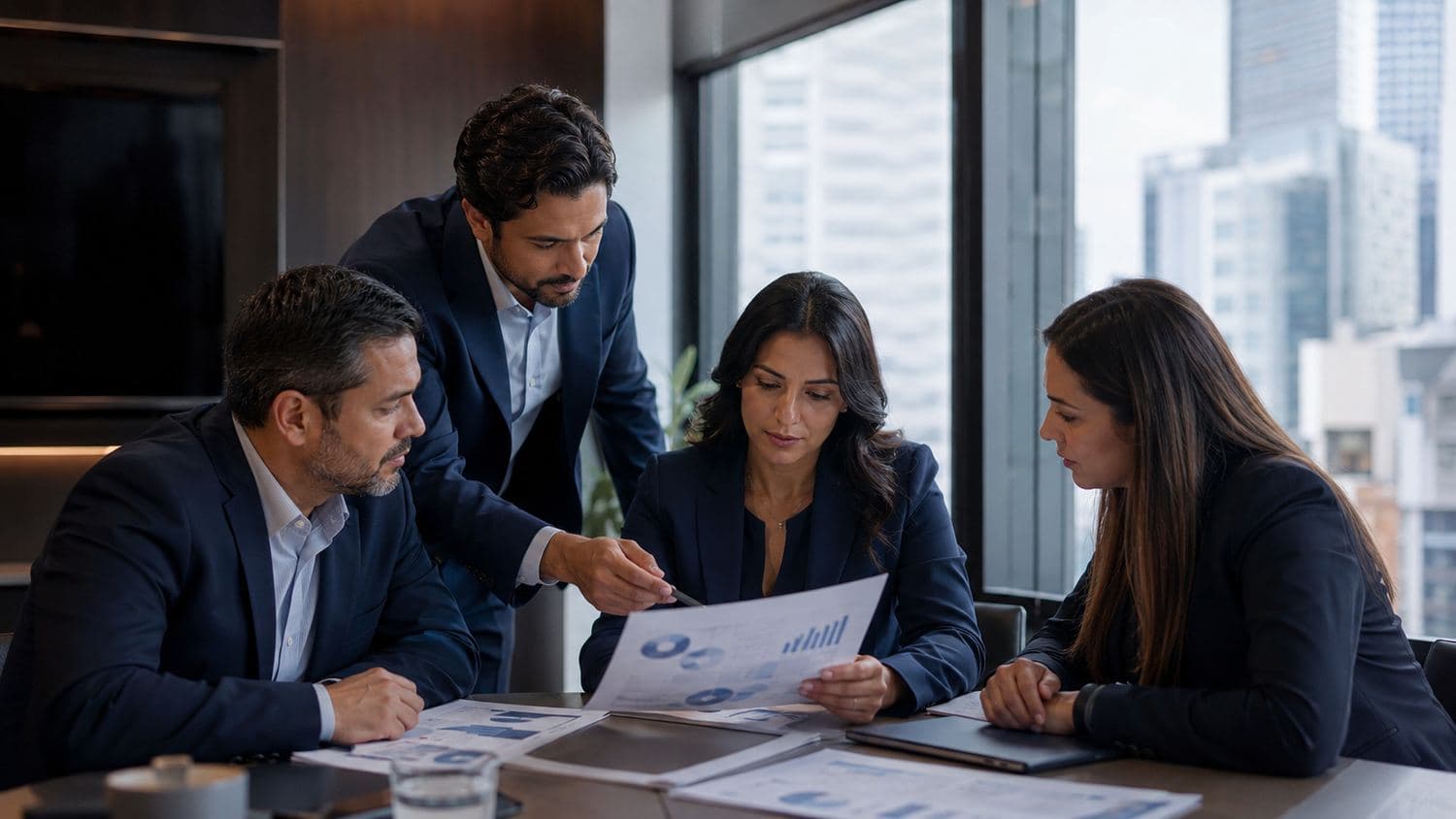 Equipo consultor analizando reportes de gestión junto a directivos de una empresa